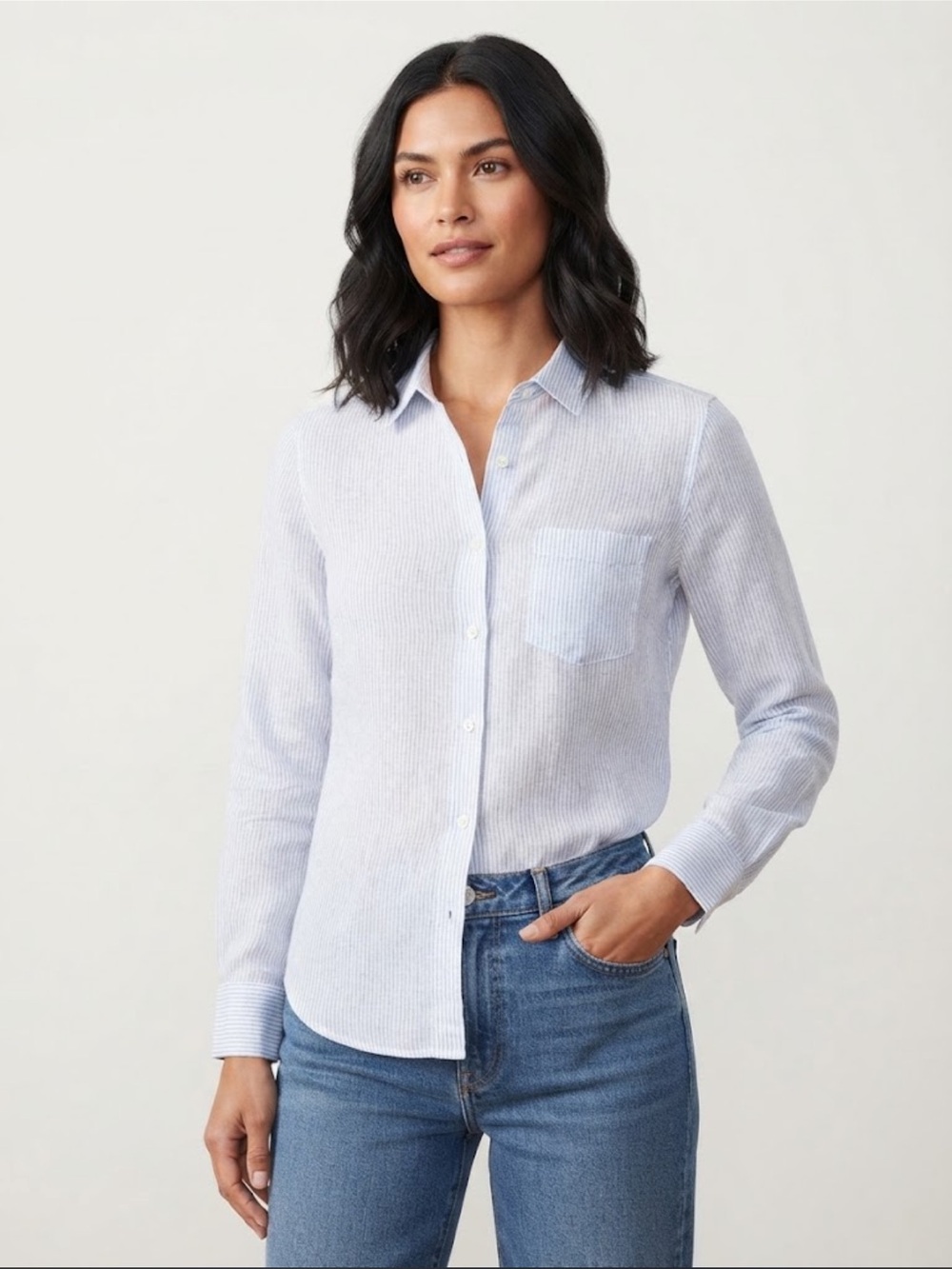 UNTUCKit Angelen White Blue Stripe Linen Tencel Shirt Womens Size 8